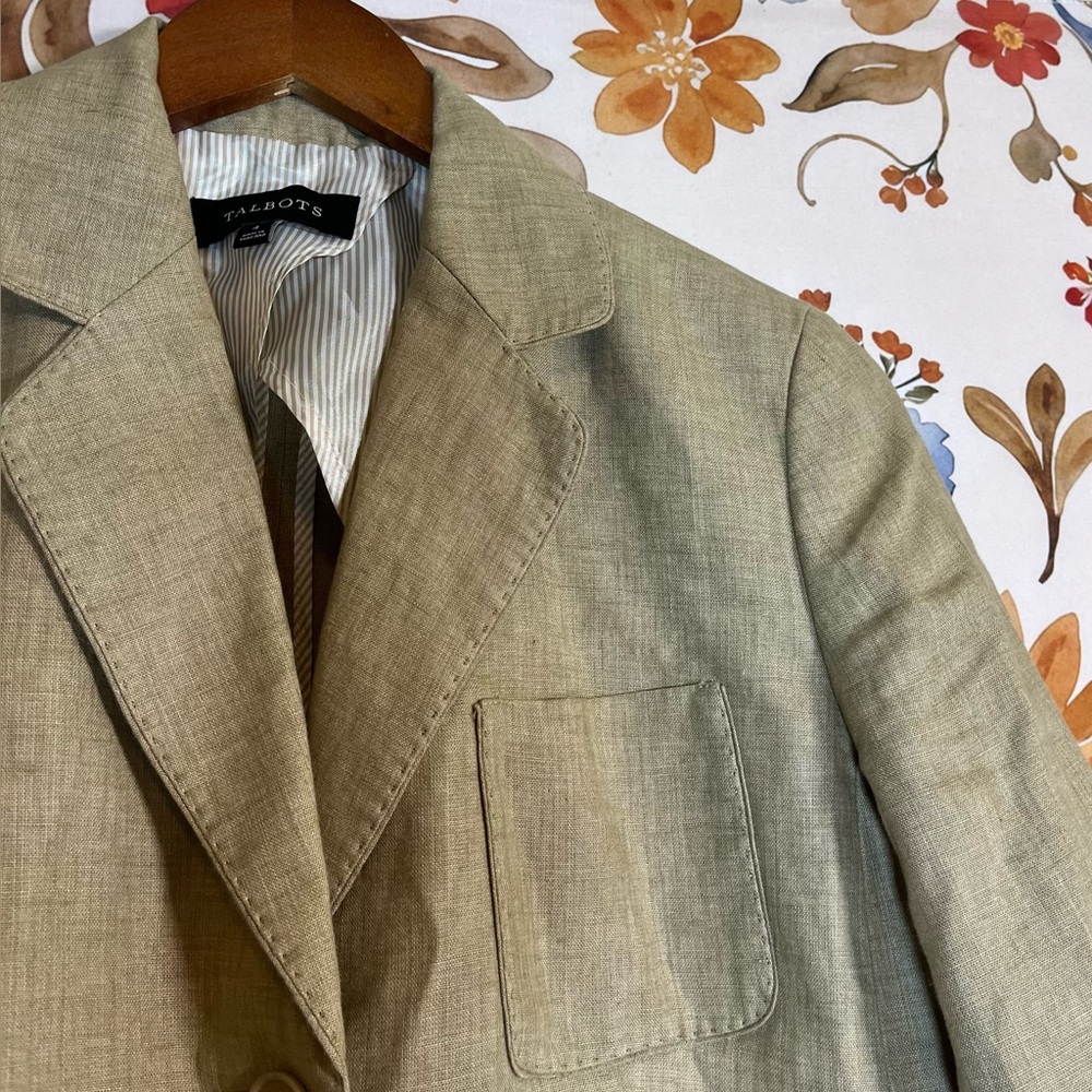 Talbots Womens 4 Tan Linen Resortcore Spring Summer Blazer Workwear Office City